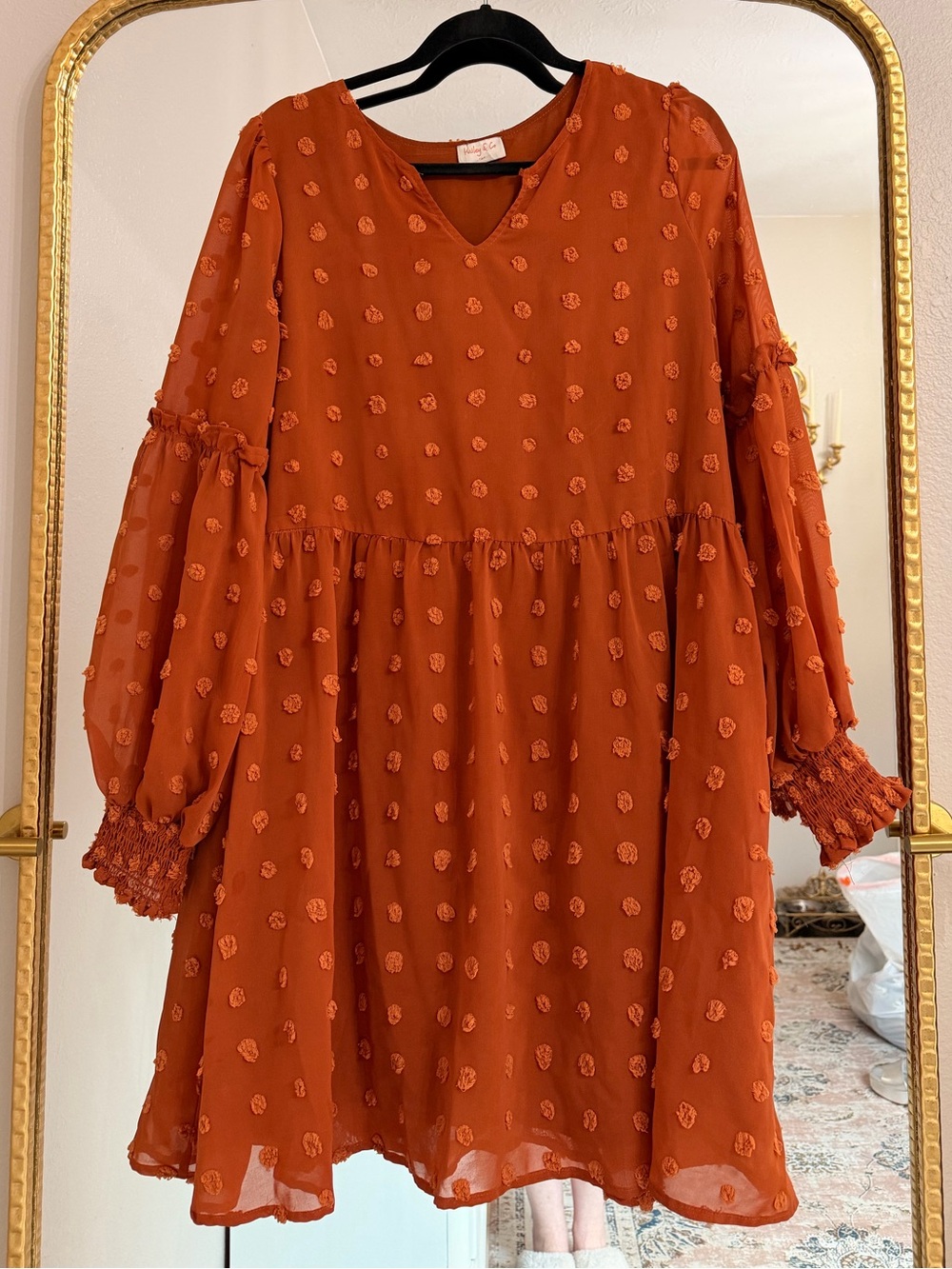 Flowy Long-Sleeve V-Neck Dress in Rust Orange